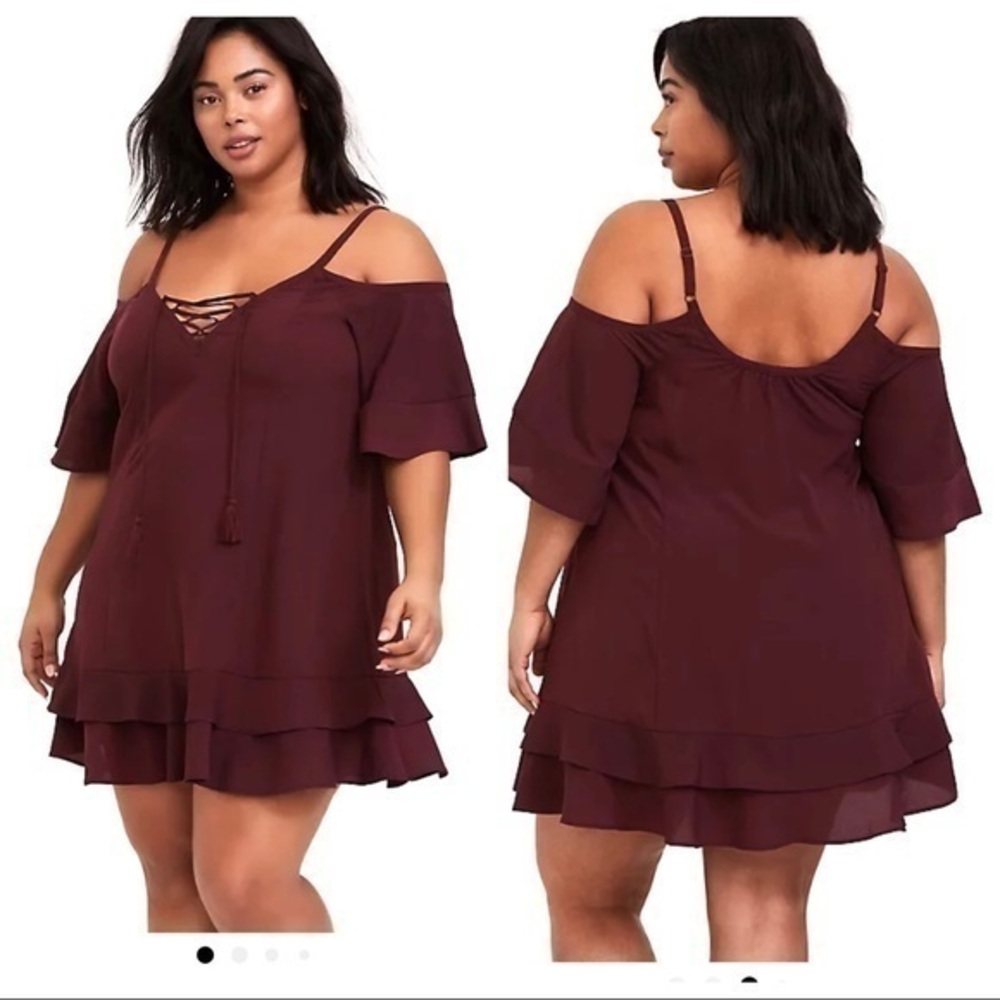 Torrid 00 New Burgundy Cold‎ Shoulder Swim Cover Up
